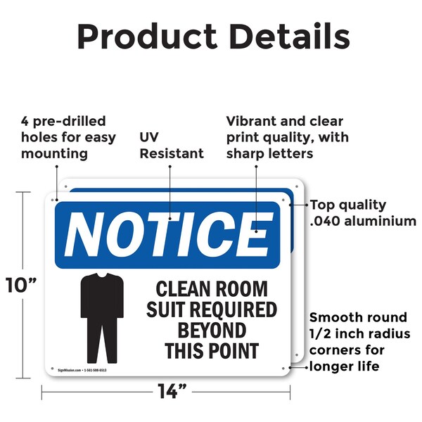 Clean Room Suit Required Beyond OSHA Notice Sign, Aluminum, 14in W X 10in L, 2PK